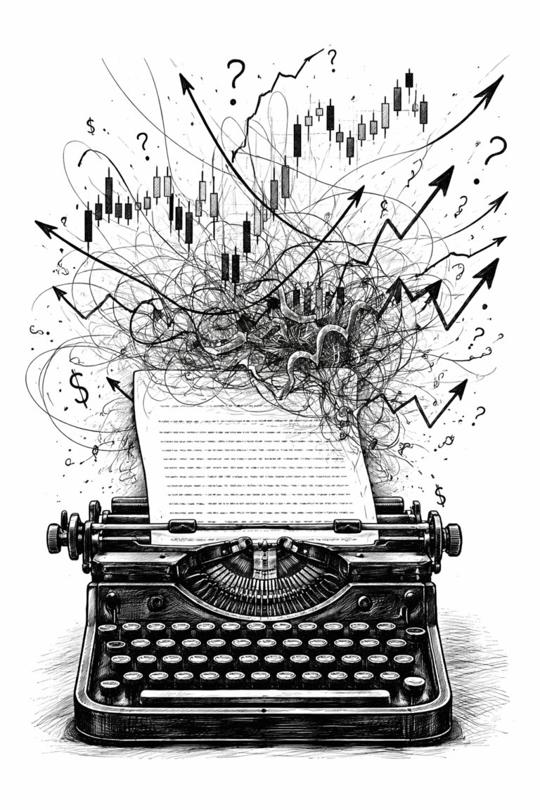 A picture of a typewriter and messy thoughts coming out of it.