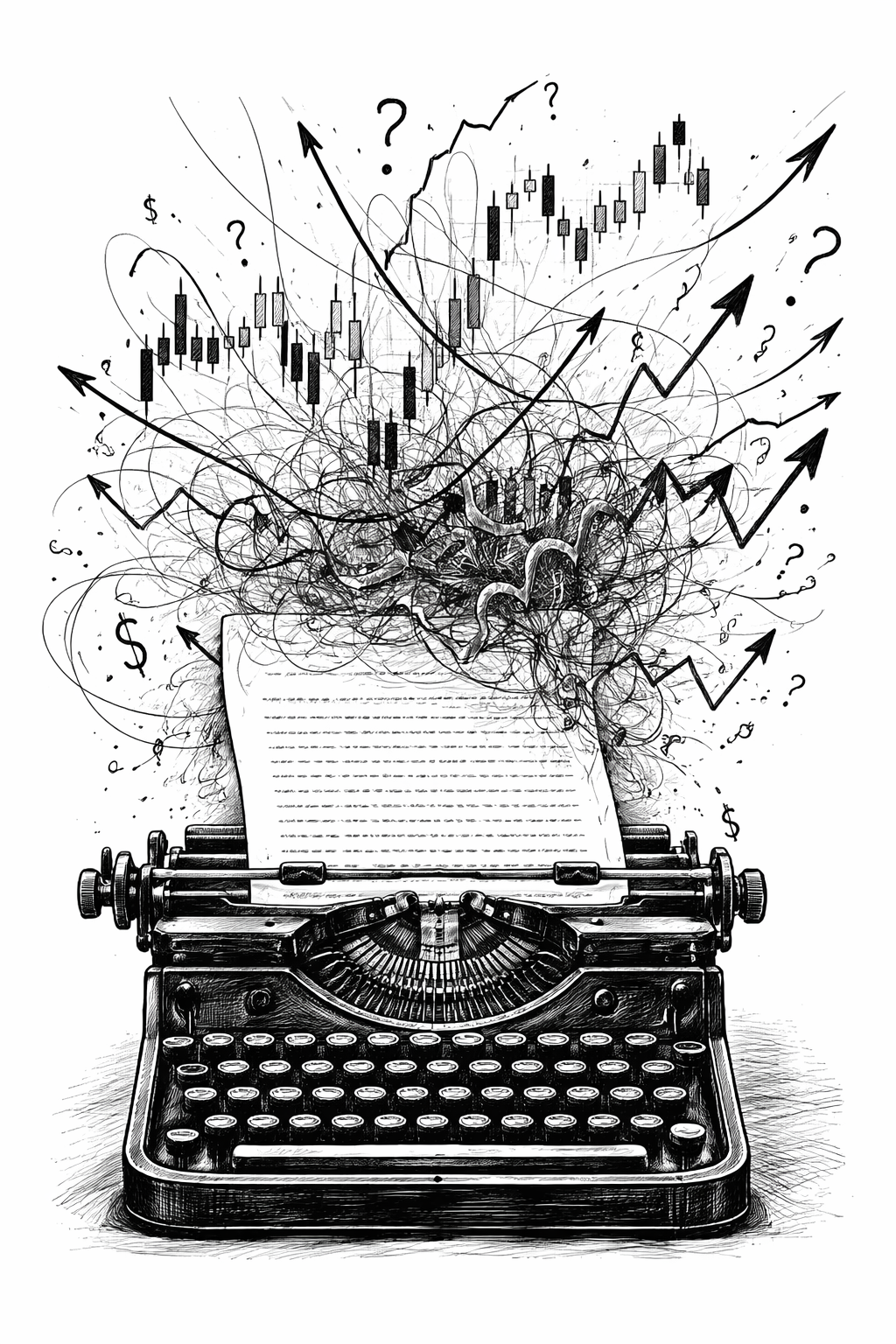 A picture of a typewriter and messy thoughts coming out of it.